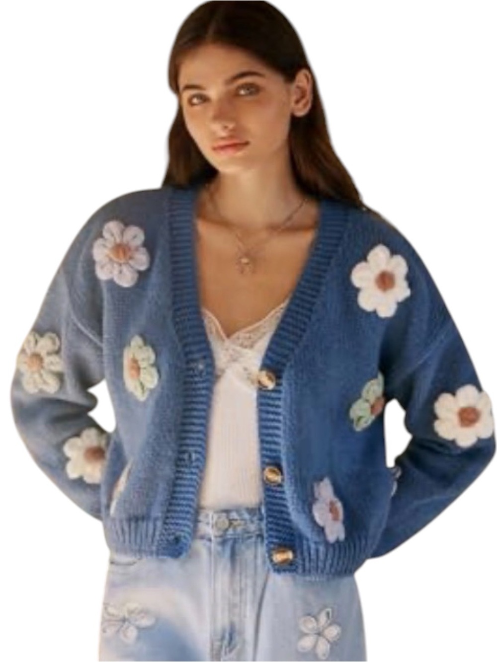 Cider 3D Flower Applique Knit Cardigan - Blue - Size M NWT